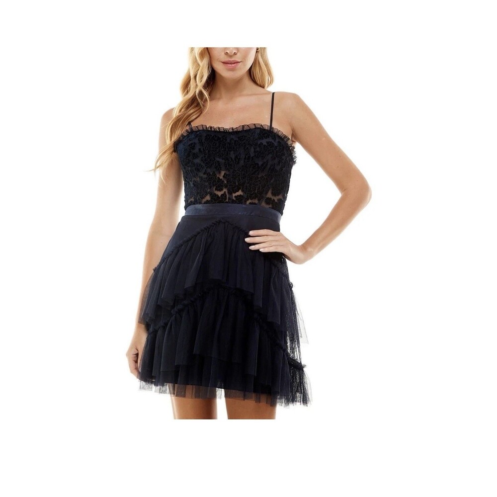 City Studio Womens   Juniors Velvet Mini Fit & Flare Dress Size 9 Navi